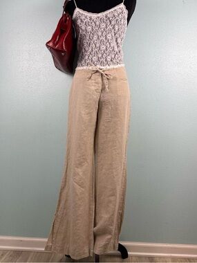 Express Tan 100% Linen Low Rise Flare Leg Trousers Women’s Size Small (3/4)
